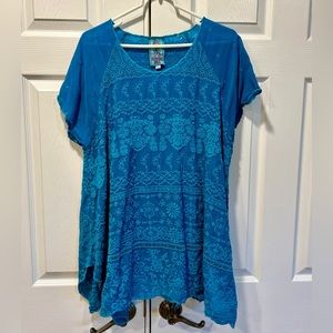 Johnny Was Turquoise Embroidered short-sleeve A-line Blouse Shirt Top Size Large